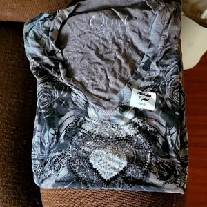 Affliction grey w/ rhinestone hearts v neck t shirt